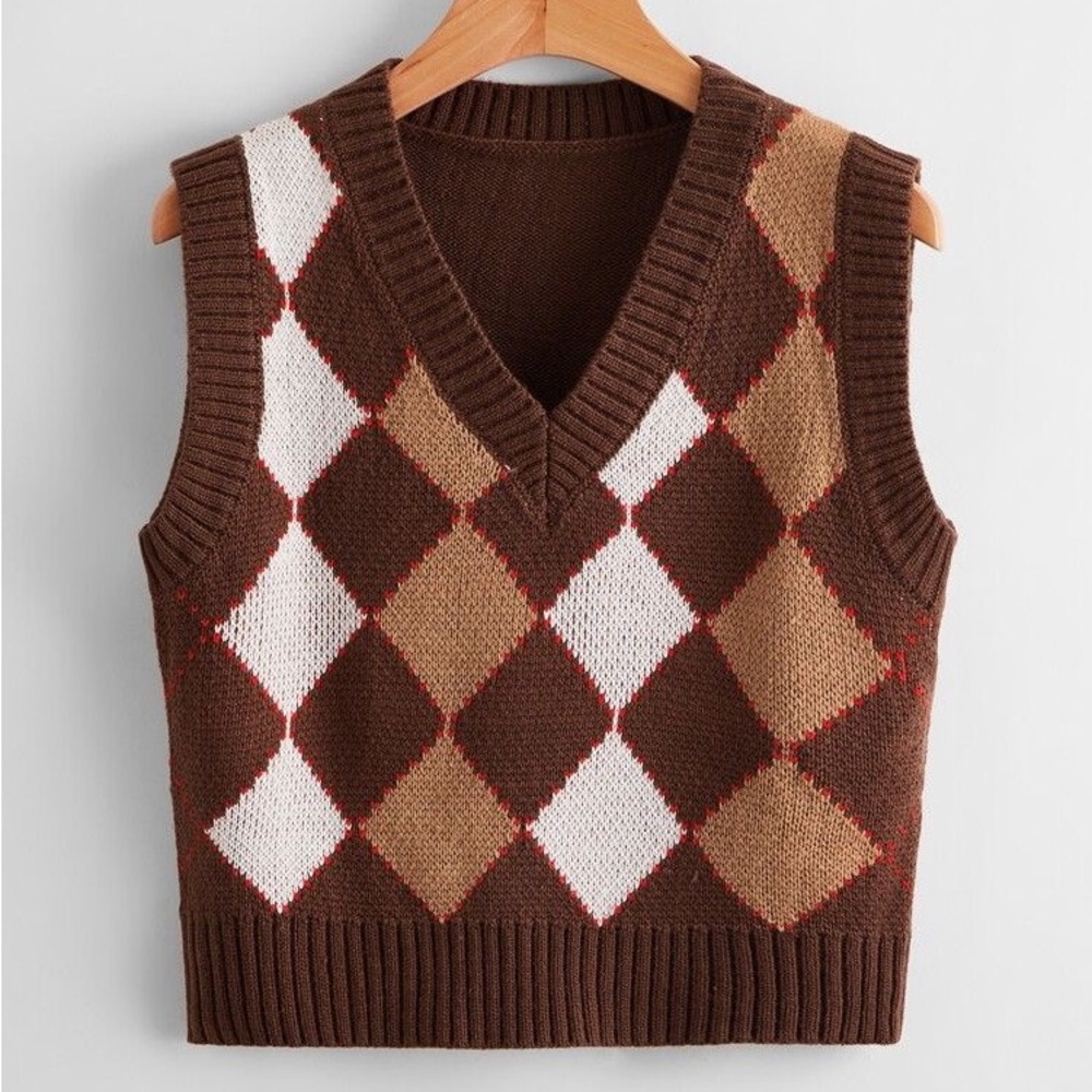 cropped brown argyle sweater vest